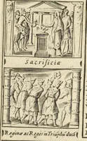 Picture 6 of 168 from Splendore dell'antica e moderna Roma : nel qvale si rappresentano tutti i principali tempii, teatri, anfiteatri, cerchi, naumachie, archi trionfali, obelischi, palagii, terme, curie, basiliche, fatti delli ré, consoli, dittatori, & imperadori romani : dignità ciuili, e militari, ordine de' trionfi, nomi di tutti i trionfanti, sacrificio militare; colonna Traiana, colonna Antonina, colonna milliaria, colonna rostrata, & colonna bellica; con li più segnalati giardini de gli antichi, e moderni Romani & altre cose notabili, con fatti, & imprese di quelli, da'quali sono stati eretti, e dedicati. : et in questa vltima impressione abbellito di molti disegni antichi, e moderni; & aggiuntoui le descrittioni delle figure cauate dall'antichi medaglie de gl'imperadori, in quatto linguagi latino, italiano, tedesco, e francese, per vtilità commune (1641), leaf 30