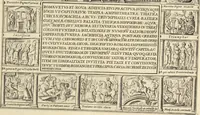 An illustration from Splendore dell'antica e moderna Roma : nel qvale si rappresentano tutti i principali tempii, teatri, anfiteatri, cerchi, naumachie, archi trionfali, obelischi, palagii, terme, curie, basiliche, fatti delli ré, consoli, dittatori, & imperadori romani : dignità ciuili, e militari, ordine de' trionfi, nomi di tutti i trionfanti, sacrificio militare; colonna Traiana, colonna Antonina, colonna milliaria, colonna rostrata, & colonna bellica; con li più segnalati giardini de gli antichi, e moderni Romani & altre cose notabili, con fatti, & imprese di quelli, da'quali sono stati eretti, e dedicati. : et in questa vltima impressione abbellito di molti disegni antichi, e moderni; & aggiuntoui le descrittioni delle figure cauate dall'antichi medaglie de gl'imperadori, in quatto linguagi latino, italiano, tedesco, e francese, per vtilità commune (1641)