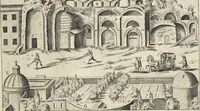 An illustration from Splendore dell'antica e moderna Roma : nel qvale si rappresentano tutti i principali tempii, teatri, anfiteatri, cerchi, naumachie, archi trionfali, obelischi, palagii, terme, curie, basiliche, fatti delli ré, consoli, dittatori, & imperadori romani : dignità ciuili, e militari, ordine de' trionfi, nomi di tutti i trionfanti, sacrificio militare; colonna Traiana, colonna Antonina, colonna milliaria, colonna rostrata, & colonna bellica; con li più segnalati giardini de gli antichi, e moderni Romani & altre cose notabili, con fatti, & imprese di quelli, da'quali sono stati eretti, e dedicati. : et in questa vltima impressione abbellito di molti disegni antichi, e moderni; & aggiuntoui le descrittioni delle figure cauate dall'antichi medaglie de gl'imperadori, in quatto linguagi latino, italiano, tedesco, e francese, per vtilità commune (1641)