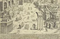 An illustration from Splendore dell'antica e moderna Roma : nel qvale si rappresentano tutti i principali tempii, teatri, anfiteatri, cerchi, naumachie, archi trionfali, obelischi, palagii, terme, curie, basiliche, fatti delli ré, consoli, dittatori, & imperadori romani : dignità ciuili, e militari, ordine de' trionfi, nomi di tutti i trionfanti, sacrificio militare; colonna Traiana, colonna Antonina, colonna milliaria, colonna rostrata, & colonna bellica; con li più segnalati giardini de gli antichi, e moderni Romani & altre cose notabili, con fatti, & imprese di quelli, da'quali sono stati eretti, e dedicati. : et in questa vltima impressione abbellito di molti disegni antichi, e moderni; & aggiuntoui le descrittioni delle figure cauate dall'antichi medaglie de gl'imperadori, in quatto linguagi latino, italiano, tedesco, e francese, per vtilità commune (1641)