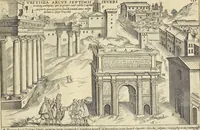 An illustration from Splendore dell'antica e moderna Roma : nel qvale si rappresentano tutti i principali tempii, teatri, anfiteatri, cerchi, naumachie, archi trionfali, obelischi, palagii, terme, curie, basiliche, fatti delli ré, consoli, dittatori, & imperadori romani : dignità ciuili, e militari, ordine de' trionfi, nomi di tutti i trionfanti, sacrificio militare; colonna Traiana, colonna Antonina, colonna milliaria, colonna rostrata, & colonna bellica; con li più segnalati giardini de gli antichi, e moderni Romani & altre cose notabili, con fatti, & imprese di quelli, da'quali sono stati eretti, e dedicati. : et in questa vltima impressione abbellito di molti disegni antichi, e moderni; & aggiuntoui le descrittioni delle figure cauate dall'antichi medaglie de gl'imperadori, in quatto linguagi latino, italiano, tedesco, e francese, per vtilità commune (1641)