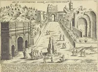 An illustration from Splendore dell'antica e moderna Roma : nel qvale si rappresentano tutti i principali tempii, teatri, anfiteatri, cerchi, naumachie, archi trionfali, obelischi, palagii, terme, curie, basiliche, fatti delli ré, consoli, dittatori, & imperadori romani : dignità ciuili, e militari, ordine de' trionfi, nomi di tutti i trionfanti, sacrificio militare; colonna Traiana, colonna Antonina, colonna milliaria, colonna rostrata, & colonna bellica; con li più segnalati giardini de gli antichi, e moderni Romani & altre cose notabili, con fatti, & imprese di quelli, da'quali sono stati eretti, e dedicati. : et in questa vltima impressione abbellito di molti disegni antichi, e moderni; & aggiuntoui le descrittioni delle figure cauate dall'antichi medaglie de gl'imperadori, in quatto linguagi latino, italiano, tedesco, e francese, per vtilità commune (1641)