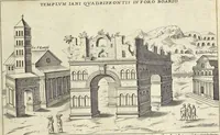 An illustration from Splendore dell'antica e moderna Roma : nel qvale si rappresentano tutti i principali tempii, teatri, anfiteatri, cerchi, naumachie, archi trionfali, obelischi, palagii, terme, curie, basiliche, fatti delli ré, consoli, dittatori, & imperadori romani : dignità ciuili, e militari, ordine de' trionfi, nomi di tutti i trionfanti, sacrificio militare; colonna Traiana, colonna Antonina, colonna milliaria, colonna rostrata, & colonna bellica; con li più segnalati giardini de gli antichi, e moderni Romani & altre cose notabili, con fatti, & imprese di quelli, da'quali sono stati eretti, e dedicati. : et in questa vltima impressione abbellito di molti disegni antichi, e moderni; & aggiuntoui le descrittioni delle figure cauate dall'antichi medaglie de gl'imperadori, in quatto linguagi latino, italiano, tedesco, e francese, per vtilità commune (1641)