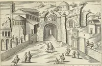 An illustration from Splendore dell'antica e moderna Roma : nel qvale si rappresentano tutti i principali tempii, teatri, anfiteatri, cerchi, naumachie, archi trionfali, obelischi, palagii, terme, curie, basiliche, fatti delli ré, consoli, dittatori, & imperadori romani : dignità ciuili, e militari, ordine de' trionfi, nomi di tutti i trionfanti, sacrificio militare; colonna Traiana, colonna Antonina, colonna milliaria, colonna rostrata, & colonna bellica; con li più segnalati giardini de gli antichi, e moderni Romani & altre cose notabili, con fatti, & imprese di quelli, da'quali sono stati eretti, e dedicati. : et in questa vltima impressione abbellito di molti disegni antichi, e moderni; & aggiuntoui le descrittioni delle figure cauate dall'antichi medaglie de gl'imperadori, in quatto linguagi latino, italiano, tedesco, e francese, per vtilità commune (1641)