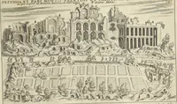 An illustration from Splendore dell'antica e moderna Roma : nel qvale si rappresentano tutti i principali tempii, teatri, anfiteatri, cerchi, naumachie, archi trionfali, obelischi, palagii, terme, curie, basiliche, fatti delli ré, consoli, dittatori, & imperadori romani : dignità ciuili, e militari, ordine de' trionfi, nomi di tutti i trionfanti, sacrificio militare; colonna Traiana, colonna Antonina, colonna milliaria, colonna rostrata, & colonna bellica; con li più segnalati giardini de gli antichi, e moderni Romani & altre cose notabili, con fatti, & imprese di quelli, da'quali sono stati eretti, e dedicati. : et in questa vltima impressione abbellito di molti disegni antichi, e moderni; & aggiuntoui le descrittioni delle figure cauate dall'antichi medaglie de gl'imperadori, in quatto linguagi latino, italiano, tedesco, e francese, per vtilità commune (1641)