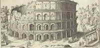 An illustration from Splendore dell'antica e moderna Roma : nel qvale si rappresentano tutti i principali tempii, teatri, anfiteatri, cerchi, naumachie, archi trionfali, obelischi, palagii, terme, curie, basiliche, fatti delli ré, consoli, dittatori, & imperadori romani : dignità ciuili, e militari, ordine de' trionfi, nomi di tutti i trionfanti, sacrificio militare; colonna Traiana, colonna Antonina, colonna milliaria, colonna rostrata, & colonna bellica; con li più segnalati giardini de gli antichi, e moderni Romani & altre cose notabili, con fatti, & imprese di quelli, da'quali sono stati eretti, e dedicati. : et in questa vltima impressione abbellito di molti disegni antichi, e moderni; & aggiuntoui le descrittioni delle figure cauate dall'antichi medaglie de gl'imperadori, in quatto linguagi latino, italiano, tedesco, e francese, per vtilità commune (1641)