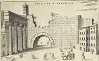 Picture 142 of 168 from Splendore dell'antica e moderna Roma : nel qvale si rappresentano tutti i principali tempii, teatri, anfiteatri, cerchi, naumachie, archi trionfali, obelischi, palagii, terme, curie, basiliche, fatti delli ré, consoli, dittatori, & imperadori romani : dignità ciuili, e militari, ordine de' trionfi, nomi di tutti i trionfanti, sacrificio militare; colonna Traiana, colonna Antonina, colonna milliaria, colonna rostrata, & colonna bellica; con li più segnalati giardini de gli antichi, e moderni Romani & altre cose notabili, con fatti, & imprese di quelli, da'quali sono stati eretti, e dedicati. : et in questa vltima impressione abbellito di molti disegni antichi, e moderni; & aggiuntoui le descrittioni delle figure cauate dall'antichi medaglie de gl'imperadori, in quatto linguagi latino, italiano, tedesco, e francese, per vtilità commune (1641), leaf 318