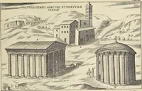 An illustration from Splendore dell'antica e moderna Roma : nel qvale si rappresentano tutti i principali tempii, teatri, anfiteatri, cerchi, naumachie, archi trionfali, obelischi, palagii, terme, curie, basiliche, fatti delli ré, consoli, dittatori, & imperadori romani : dignità ciuili, e militari, ordine de' trionfi, nomi di tutti i trionfanti, sacrificio militare; colonna Traiana, colonna Antonina, colonna milliaria, colonna rostrata, & colonna bellica; con li più segnalati giardini de gli antichi, e moderni Romani & altre cose notabili, con fatti, & imprese di quelli, da'quali sono stati eretti, e dedicati. : et in questa vltima impressione abbellito di molti disegni antichi, e moderni; & aggiuntoui le descrittioni delle figure cauate dall'antichi medaglie de gl'imperadori, in quatto linguagi latino, italiano, tedesco, e francese, per vtilità commune (1641)