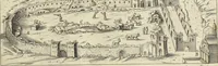 An illustration from Splendore dell'antica e moderna Roma : nel qvale si rappresentano tutti i principali tempii, teatri, anfiteatri, cerchi, naumachie, archi trionfali, obelischi, palagii, terme, curie, basiliche, fatti delli ré, consoli, dittatori, & imperadori romani : dignità ciuili, e militari, ordine de' trionfi, nomi di tutti i trionfanti, sacrificio militare; colonna Traiana, colonna Antonina, colonna milliaria, colonna rostrata, & colonna bellica; con li più segnalati giardini de gli antichi, e moderni Romani & altre cose notabili, con fatti, & imprese di quelli, da'quali sono stati eretti, e dedicati. : et in questa vltima impressione abbellito di molti disegni antichi, e moderni; & aggiuntoui le descrittioni delle figure cauate dall'antichi medaglie de gl'imperadori, in quatto linguagi latino, italiano, tedesco, e francese, per vtilità commune (1641)