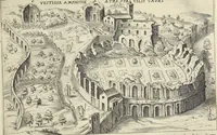 An illustration from Splendore dell'antica e moderna Roma : nel qvale si rappresentano tutti i principali tempii, teatri, anfiteatri, cerchi, naumachie, archi trionfali, obelischi, palagii, terme, curie, basiliche, fatti delli ré, consoli, dittatori, & imperadori romani : dignità ciuili, e militari, ordine de' trionfi, nomi di tutti i trionfanti, sacrificio militare; colonna Traiana, colonna Antonina, colonna milliaria, colonna rostrata, & colonna bellica; con li più segnalati giardini de gli antichi, e moderni Romani & altre cose notabili, con fatti, & imprese di quelli, da'quali sono stati eretti, e dedicati. : et in questa vltima impressione abbellito di molti disegni antichi, e moderni; & aggiuntoui le descrittioni delle figure cauate dall'antichi medaglie de gl'imperadori, in quatto linguagi latino, italiano, tedesco, e francese, per vtilità commune (1641)