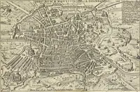 An illustration from Splendore dell'antica e moderna Roma : nel qvale si rappresentano tutti i principali tempii, teatri, anfiteatri, cerchi, naumachie, archi trionfali, obelischi, palagii, terme, curie, basiliche, fatti delli ré, consoli, dittatori, & imperadori romani : dignità ciuili, e militari, ordine de' trionfi, nomi di tutti i trionfanti, sacrificio militare; colonna Traiana, colonna Antonina, colonna milliaria, colonna rostrata, & colonna bellica; con li più segnalati giardini de gli antichi, e moderni Romani & altre cose notabili, con fatti, & imprese di quelli, da'quali sono stati eretti, e dedicati. : et in questa vltima impressione abbellito di molti disegni antichi, e moderni; & aggiuntoui le descrittioni delle figure cauate dall'antichi medaglie de gl'imperadori, in quatto linguagi latino, italiano, tedesco, e francese, per vtilità commune (1641)