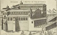 An illustration from Splendore dell'antica e moderna Roma : nel qvale si rappresentano tutti i principali tempii, teatri, anfiteatri, cerchi, naumachie, archi trionfali, obelischi, palagii, terme, curie, basiliche, fatti delli ré, consoli, dittatori, & imperadori romani : dignità ciuili, e militari, ordine de' trionfi, nomi di tutti i trionfanti, sacrificio militare; colonna Traiana, colonna Antonina, colonna milliaria, colonna rostrata, & colonna bellica; con li più segnalati giardini de gli antichi, e moderni Romani & altre cose notabili, con fatti, & imprese di quelli, da'quali sono stati eretti, e dedicati. : et in questa vltima impressione abbellito di molti disegni antichi, e moderni; & aggiuntoui le descrittioni delle figure cauate dall'antichi medaglie de gl'imperadori, in quatto linguagi latino, italiano, tedesco, e francese, per vtilità commune (1641)