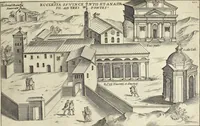 An illustration from Splendore dell'antica e moderna Roma : nel qvale si rappresentano tutti i principali tempii, teatri, anfiteatri, cerchi, naumachie, archi trionfali, obelischi, palagii, terme, curie, basiliche, fatti delli ré, consoli, dittatori, & imperadori romani : dignità ciuili, e militari, ordine de' trionfi, nomi di tutti i trionfanti, sacrificio militare; colonna Traiana, colonna Antonina, colonna milliaria, colonna rostrata, & colonna bellica; con li più segnalati giardini de gli antichi, e moderni Romani & altre cose notabili, con fatti, & imprese di quelli, da'quali sono stati eretti, e dedicati. : et in questa vltima impressione abbellito di molti disegni antichi, e moderni; & aggiuntoui le descrittioni delle figure cauate dall'antichi medaglie de gl'imperadori, in quatto linguagi latino, italiano, tedesco, e francese, per vtilità commune (1641)