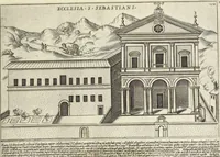 An illustration from Splendore dell'antica e moderna Roma : nel qvale si rappresentano tutti i principali tempii, teatri, anfiteatri, cerchi, naumachie, archi trionfali, obelischi, palagii, terme, curie, basiliche, fatti delli ré, consoli, dittatori, & imperadori romani : dignità ciuili, e militari, ordine de' trionfi, nomi di tutti i trionfanti, sacrificio militare; colonna Traiana, colonna Antonina, colonna milliaria, colonna rostrata, & colonna bellica; con li più segnalati giardini de gli antichi, e moderni Romani & altre cose notabili, con fatti, & imprese di quelli, da'quali sono stati eretti, e dedicati. : et in questa vltima impressione abbellito di molti disegni antichi, e moderni; & aggiuntoui le descrittioni delle figure cauate dall'antichi medaglie de gl'imperadori, in quatto linguagi latino, italiano, tedesco, e francese, per vtilità commune (1641)