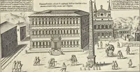 An illustration from Splendore dell'antica e moderna Roma : nel qvale si rappresentano tutti i principali tempii, teatri, anfiteatri, cerchi, naumachie, archi trionfali, obelischi, palagii, terme, curie, basiliche, fatti delli ré, consoli, dittatori, & imperadori romani : dignità ciuili, e militari, ordine de' trionfi, nomi di tutti i trionfanti, sacrificio militare; colonna Traiana, colonna Antonina, colonna milliaria, colonna rostrata, & colonna bellica; con li più segnalati giardini de gli antichi, e moderni Romani & altre cose notabili, con fatti, & imprese di quelli, da'quali sono stati eretti, e dedicati. : et in questa vltima impressione abbellito di molti disegni antichi, e moderni; & aggiuntoui le descrittioni delle figure cauate dall'antichi medaglie de gl'imperadori, in quatto linguagi latino, italiano, tedesco, e francese, per vtilità commune (1641)