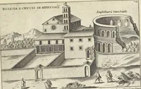 An illustration from Splendore dell'antica e moderna Roma : nel qvale si rappresentano tutti i principali tempii, teatri, anfiteatri, cerchi, naumachie, archi trionfali, obelischi, palagii, terme, curie, basiliche, fatti delli ré, consoli, dittatori, & imperadori romani : dignità ciuili, e militari, ordine de' trionfi, nomi di tutti i trionfanti, sacrificio militare; colonna Traiana, colonna Antonina, colonna milliaria, colonna rostrata, & colonna bellica; con li più segnalati giardini de gli antichi, e moderni Romani & altre cose notabili, con fatti, & imprese di quelli, da'quali sono stati eretti, e dedicati. : et in questa vltima impressione abbellito di molti disegni antichi, e moderni; & aggiuntoui le descrittioni delle figure cauate dall'antichi medaglie de gl'imperadori, in quatto linguagi latino, italiano, tedesco, e francese, per vtilità commune (1641)
