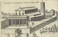 An illustration from Splendore dell'antica e moderna Roma : nel qvale si rappresentano tutti i principali tempii, teatri, anfiteatri, cerchi, naumachie, archi trionfali, obelischi, palagii, terme, curie, basiliche, fatti delli ré, consoli, dittatori, & imperadori romani : dignità ciuili, e militari, ordine de' trionfi, nomi di tutti i trionfanti, sacrificio militare; colonna Traiana, colonna Antonina, colonna milliaria, colonna rostrata, & colonna bellica; con li più segnalati giardini de gli antichi, e moderni Romani & altre cose notabili, con fatti, & imprese di quelli, da'quali sono stati eretti, e dedicati. : et in questa vltima impressione abbellito di molti disegni antichi, e moderni; & aggiuntoui le descrittioni delle figure cauate dall'antichi medaglie de gl'imperadori, in quatto linguagi latino, italiano, tedesco, e francese, per vtilità commune (1641)