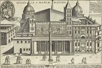 An illustration from Splendore dell'antica e moderna Roma : nel qvale si rappresentano tutti i principali tempii, teatri, anfiteatri, cerchi, naumachie, archi trionfali, obelischi, palagii, terme, curie, basiliche, fatti delli ré, consoli, dittatori, & imperadori romani : dignità ciuili, e militari, ordine de' trionfi, nomi di tutti i trionfanti, sacrificio militare; colonna Traiana, colonna Antonina, colonna milliaria, colonna rostrata, & colonna bellica; con li più segnalati giardini de gli antichi, e moderni Romani & altre cose notabili, con fatti, & imprese di quelli, da'quali sono stati eretti, e dedicati. : et in questa vltima impressione abbellito di molti disegni antichi, e moderni; & aggiuntoui le descrittioni delle figure cauate dall'antichi medaglie de gl'imperadori, in quatto linguagi latino, italiano, tedesco, e francese, per vtilità commune (1641)