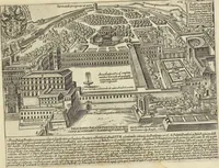 An illustration from Splendore dell'antica e moderna Roma : nel qvale si rappresentano tutti i principali tempii, teatri, anfiteatri, cerchi, naumachie, archi trionfali, obelischi, palagii, terme, curie, basiliche, fatti delli ré, consoli, dittatori, & imperadori romani : dignità ciuili, e militari, ordine de' trionfi, nomi di tutti i trionfanti, sacrificio militare; colonna Traiana, colonna Antonina, colonna milliaria, colonna rostrata, & colonna bellica; con li più segnalati giardini de gli antichi, e moderni Romani & altre cose notabili, con fatti, & imprese di quelli, da'quali sono stati eretti, e dedicati. : et in questa vltima impressione abbellito di molti disegni antichi, e moderni; & aggiuntoui le descrittioni delle figure cauate dall'antichi medaglie de gl'imperadori, in quatto linguagi latino, italiano, tedesco, e francese, per vtilità commune (1641)