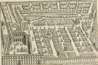 An illustration from Splendore dell'antica e moderna Roma : nel qvale si rappresentano tutti i principali tempii, teatri, anfiteatri, cerchi, naumachie, archi trionfali, obelischi, palagii, terme, curie, basiliche, fatti delli ré, consoli, dittatori, & imperadori romani : dignità ciuili, e militari, ordine de' trionfi, nomi di tutti i trionfanti, sacrificio militare; colonna Traiana, colonna Antonina, colonna milliaria, colonna rostrata, & colonna bellica; con li più segnalati giardini de gli antichi, e moderni Romani & altre cose notabili, con fatti, & imprese di quelli, da'quali sono stati eretti, e dedicati. : et in questa vltima impressione abbellito di molti disegni antichi, e moderni; & aggiuntoui le descrittioni delle figure cauate dall'antichi medaglie de gl'imperadori, in quatto linguagi latino, italiano, tedesco, e francese, per vtilità commune (1641)