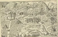 An illustration from Splendore dell'antica e moderna Roma : nel qvale si rappresentano tutti i principali tempii, teatri, anfiteatri, cerchi, naumachie, archi trionfali, obelischi, palagii, terme, curie, basiliche, fatti delli ré, consoli, dittatori, & imperadori romani : dignità ciuili, e militari, ordine de' trionfi, nomi di tutti i trionfanti, sacrificio militare; colonna Traiana, colonna Antonina, colonna milliaria, colonna rostrata, & colonna bellica; con li più segnalati giardini de gli antichi, e moderni Romani & altre cose notabili, con fatti, & imprese di quelli, da'quali sono stati eretti, e dedicati. : et in questa vltima impressione abbellito di molti disegni antichi, e moderni; & aggiuntoui le descrittioni delle figure cauate dall'antichi medaglie de gl'imperadori, in quatto linguagi latino, italiano, tedesco, e francese, per vtilità commune (1641)