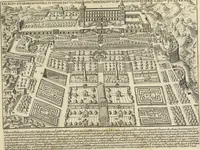 An illustration from Splendore dell'antica e moderna Roma : nel qvale si rappresentano tutti i principali tempii, teatri, anfiteatri, cerchi, naumachie, archi trionfali, obelischi, palagii, terme, curie, basiliche, fatti delli ré, consoli, dittatori, & imperadori romani : dignità ciuili, e militari, ordine de' trionfi, nomi di tutti i trionfanti, sacrificio militare; colonna Traiana, colonna Antonina, colonna milliaria, colonna rostrata, & colonna bellica; con li più segnalati giardini de gli antichi, e moderni Romani & altre cose notabili, con fatti, & imprese di quelli, da'quali sono stati eretti, e dedicati. : et in questa vltima impressione abbellito di molti disegni antichi, e moderni; & aggiuntoui le descrittioni delle figure cauate dall'antichi medaglie de gl'imperadori, in quatto linguagi latino, italiano, tedesco, e francese, per vtilità commune (1641)