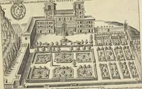 An illustration from Splendore dell'antica e moderna Roma : nel qvale si rappresentano tutti i principali tempii, teatri, anfiteatri, cerchi, naumachie, archi trionfali, obelischi, palagii, terme, curie, basiliche, fatti delli ré, consoli, dittatori, & imperadori romani : dignità ciuili, e militari, ordine de' trionfi, nomi di tutti i trionfanti, sacrificio militare; colonna Traiana, colonna Antonina, colonna milliaria, colonna rostrata, & colonna bellica; con li più segnalati giardini de gli antichi, e moderni Romani & altre cose notabili, con fatti, & imprese di quelli, da'quali sono stati eretti, e dedicati. : et in questa vltima impressione abbellito di molti disegni antichi, e moderni; & aggiuntoui le descrittioni delle figure cauate dall'antichi medaglie de gl'imperadori, in quatto linguagi latino, italiano, tedesco, e francese, per vtilità commune (1641)