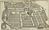 An illustration from Splendore dell'antica e moderna Roma : nel qvale si rappresentano tutti i principali tempii, teatri, anfiteatri, cerchi, naumachie, archi trionfali, obelischi, palagii, terme, curie, basiliche, fatti delli ré, consoli, dittatori, & imperadori romani : dignità ciuili, e militari, ordine de' trionfi, nomi di tutti i trionfanti, sacrificio militare; colonna Traiana, colonna Antonina, colonna milliaria, colonna rostrata, & colonna bellica; con li più segnalati giardini de gli antichi, e moderni Romani & altre cose notabili, con fatti, & imprese di quelli, da'quali sono stati eretti, e dedicati. : et in questa vltima impressione abbellito di molti disegni antichi, e moderni; & aggiuntoui le descrittioni delle figure cauate dall'antichi medaglie de gl'imperadori, in quatto linguagi latino, italiano, tedesco, e francese, per vtilità commune (1641)
