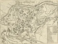 An illustration from Splendore dell'antica e moderna Roma : nel qvale si rappresentano tutti i principali tempii, teatri, anfiteatri, cerchi, naumachie, archi trionfali, obelischi, palagii, terme, curie, basiliche, fatti delli ré, consoli, dittatori, & imperadori romani : dignità ciuili, e militari, ordine de' trionfi, nomi di tutti i trionfanti, sacrificio militare; colonna Traiana, colonna Antonina, colonna milliaria, colonna rostrata, & colonna bellica; con li più segnalati giardini de gli antichi, e moderni Romani & altre cose notabili, con fatti, & imprese di quelli, da'quali sono stati eretti, e dedicati. : et in questa vltima impressione abbellito di molti disegni antichi, e moderni; & aggiuntoui le descrittioni delle figure cauate dall'antichi medaglie de gl'imperadori, in quatto linguagi latino, italiano, tedesco, e francese, per vtilità commune (1641)
