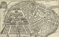 An illustration from Splendore dell'antica e moderna Roma : nel qvale si rappresentano tutti i principali tempii, teatri, anfiteatri, cerchi, naumachie, archi trionfali, obelischi, palagii, terme, curie, basiliche, fatti delli ré, consoli, dittatori, & imperadori romani : dignità ciuili, e militari, ordine de' trionfi, nomi di tutti i trionfanti, sacrificio militare; colonna Traiana, colonna Antonina, colonna milliaria, colonna rostrata, & colonna bellica; con li più segnalati giardini de gli antichi, e moderni Romani & altre cose notabili, con fatti, & imprese di quelli, da'quali sono stati eretti, e dedicati. : et in questa vltima impressione abbellito di molti disegni antichi, e moderni; & aggiuntoui le descrittioni delle figure cauate dall'antichi medaglie de gl'imperadori, in quatto linguagi latino, italiano, tedesco, e francese, per vtilità commune (1641)