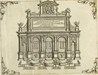 An illustration from Splendore dell'antica e moderna Roma : nel qvale si rappresentano tutti i principali tempii, teatri, anfiteatri, cerchi, naumachie, archi trionfali, obelischi, palagii, terme, curie, basiliche, fatti delli ré, consoli, dittatori, & imperadori romani : dignità ciuili, e militari, ordine de' trionfi, nomi di tutti i trionfanti, sacrificio militare; colonna Traiana, colonna Antonina, colonna milliaria, colonna rostrata, & colonna bellica; con li più segnalati giardini de gli antichi, e moderni Romani & altre cose notabili, con fatti, & imprese di quelli, da'quali sono stati eretti, e dedicati. : et in questa vltima impressione abbellito di molti disegni antichi, e moderni; & aggiuntoui le descrittioni delle figure cauate dall'antichi medaglie de gl'imperadori, in quatto linguagi latino, italiano, tedesco, e francese, per vtilità commune (1641)