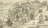 An illustration from Splendore dell'antica e moderna Roma : nel qvale si rappresentano tutti i principali tempii, teatri, anfiteatri, cerchi, naumachie, archi trionfali, obelischi, palagii, terme, curie, basiliche, fatti delli ré, consoli, dittatori, & imperadori romani : dignità ciuili, e militari, ordine de' trionfi, nomi di tutti i trionfanti, sacrificio militare; colonna Traiana, colonna Antonina, colonna milliaria, colonna rostrata, & colonna bellica; con li più segnalati giardini de gli antichi, e moderni Romani & altre cose notabili, con fatti, & imprese di quelli, da'quali sono stati eretti, e dedicati. : et in questa vltima impressione abbellito di molti disegni antichi, e moderni; & aggiuntoui le descrittioni delle figure cauate dall'antichi medaglie de gl'imperadori, in quatto linguagi latino, italiano, tedesco, e francese, per vtilità commune (1641)