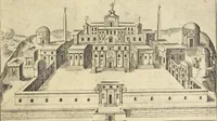 An illustration from Splendore dell'antica e moderna Roma : nel qvale si rappresentano tutti i principali tempii, teatri, anfiteatri, cerchi, naumachie, archi trionfali, obelischi, palagii, terme, curie, basiliche, fatti delli ré, consoli, dittatori, & imperadori romani : dignità ciuili, e militari, ordine de' trionfi, nomi di tutti i trionfanti, sacrificio militare; colonna Traiana, colonna Antonina, colonna milliaria, colonna rostrata, & colonna bellica; con li più segnalati giardini de gli antichi, e moderni Romani & altre cose notabili, con fatti, & imprese di quelli, da'quali sono stati eretti, e dedicati. : et in questa vltima impressione abbellito di molti disegni antichi, e moderni; & aggiuntoui le descrittioni delle figure cauate dall'antichi medaglie de gl'imperadori, in quatto linguagi latino, italiano, tedesco, e francese, per vtilità commune (1641)