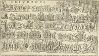 An illustration from Splendore dell'antica e moderna Roma : nel qvale si rappresentano tutti i principali tempii, teatri, anfiteatri, cerchi, naumachie, archi trionfali, obelischi, palagii, terme, curie, basiliche, fatti delli ré, consoli, dittatori, & imperadori romani : dignità ciuili, e militari, ordine de' trionfi, nomi di tutti i trionfanti, sacrificio militare; colonna Traiana, colonna Antonina, colonna milliaria, colonna rostrata, & colonna bellica; con li più segnalati giardini de gli antichi, e moderni Romani & altre cose notabili, con fatti, & imprese di quelli, da'quali sono stati eretti, e dedicati. : et in questa vltima impressione abbellito di molti disegni antichi, e moderni; & aggiuntoui le descrittioni delle figure cauate dall'antichi medaglie de gl'imperadori, in quatto linguagi latino, italiano, tedesco, e francese, per vtilità commune (1641)