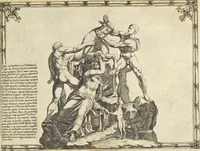 An illustration from Splendore dell'antica e moderna Roma : nel qvale si rappresentano tutti i principali tempii, teatri, anfiteatri, cerchi, naumachie, archi trionfali, obelischi, palagii, terme, curie, basiliche, fatti delli ré, consoli, dittatori, & imperadori romani : dignità ciuili, e militari, ordine de' trionfi, nomi di tutti i trionfanti, sacrificio militare; colonna Traiana, colonna Antonina, colonna milliaria, colonna rostrata, & colonna bellica; con li più segnalati giardini de gli antichi, e moderni Romani & altre cose notabili, con fatti, & imprese di quelli, da'quali sono stati eretti, e dedicati. : et in questa vltima impressione abbellito di molti disegni antichi, e moderni; & aggiuntoui le descrittioni delle figure cauate dall'antichi medaglie de gl'imperadori, in quatto linguagi latino, italiano, tedesco, e francese, per vtilità commune (1641)