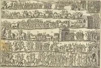 An illustration from Splendore dell'antica e moderna Roma : nel qvale si rappresentano tutti i principali tempii, teatri, anfiteatri, cerchi, naumachie, archi trionfali, obelischi, palagii, terme, curie, basiliche, fatti delli ré, consoli, dittatori, & imperadori romani : dignità ciuili, e militari, ordine de' trionfi, nomi di tutti i trionfanti, sacrificio militare; colonna Traiana, colonna Antonina, colonna milliaria, colonna rostrata, & colonna bellica; con li più segnalati giardini de gli antichi, e moderni Romani & altre cose notabili, con fatti, & imprese di quelli, da'quali sono stati eretti, e dedicati. : et in questa vltima impressione abbellito di molti disegni antichi, e moderni; & aggiuntoui le descrittioni delle figure cauate dall'antichi medaglie de gl'imperadori, in quatto linguagi latino, italiano, tedesco, e francese, per vtilità commune (1641)