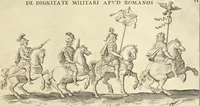 An illustration from Splendore dell'antica e moderna Roma : nel qvale si rappresentano tutti i principali tempii, teatri, anfiteatri, cerchi, naumachie, archi trionfali, obelischi, palagii, terme, curie, basiliche, fatti delli ré, consoli, dittatori, & imperadori romani : dignità ciuili, e militari, ordine de' trionfi, nomi di tutti i trionfanti, sacrificio militare; colonna Traiana, colonna Antonina, colonna milliaria, colonna rostrata, & colonna bellica; con li più segnalati giardini de gli antichi, e moderni Romani & altre cose notabili, con fatti, & imprese di quelli, da'quali sono stati eretti, e dedicati. : et in questa vltima impressione abbellito di molti disegni antichi, e moderni; & aggiuntoui le descrittioni delle figure cauate dall'antichi medaglie de gl'imperadori, in quatto linguagi latino, italiano, tedesco, e francese, per vtilità commune (1641)