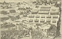 An illustration from Splendore dell'antica e moderna Roma : nel qvale si rappresentano tutti i principali tempii, teatri, anfiteatri, cerchi, naumachie, archi trionfali, obelischi, palagii, terme, curie, basiliche, fatti delli ré, consoli, dittatori, & imperadori romani : dignità ciuili, e militari, ordine de' trionfi, nomi di tutti i trionfanti, sacrificio militare; colonna Traiana, colonna Antonina, colonna milliaria, colonna rostrata, & colonna bellica; con li più segnalati giardini de gli antichi, e moderni Romani & altre cose notabili, con fatti, & imprese di quelli, da'quali sono stati eretti, e dedicati. : et in questa vltima impressione abbellito di molti disegni antichi, e moderni; & aggiuntoui le descrittioni delle figure cauate dall'antichi medaglie de gl'imperadori, in quatto linguagi latino, italiano, tedesco, e francese, per vtilità commune (1641)