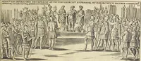 An illustration from Splendore dell'antica e moderna Roma : nel qvale si rappresentano tutti i principali tempii, teatri, anfiteatri, cerchi, naumachie, archi trionfali, obelischi, palagii, terme, curie, basiliche, fatti delli ré, consoli, dittatori, & imperadori romani : dignità ciuili, e militari, ordine de' trionfi, nomi di tutti i trionfanti, sacrificio militare; colonna Traiana, colonna Antonina, colonna milliaria, colonna rostrata, & colonna bellica; con li più segnalati giardini de gli antichi, e moderni Romani & altre cose notabili, con fatti, & imprese di quelli, da'quali sono stati eretti, e dedicati. : et in questa vltima impressione abbellito di molti disegni antichi, e moderni; & aggiuntoui le descrittioni delle figure cauate dall'antichi medaglie de gl'imperadori, in quatto linguagi latino, italiano, tedesco, e francese, per vtilità commune (1641)