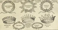 An illustration from Splendore dell'antica e moderna Roma : nel qvale si rappresentano tutti i principali tempii, teatri, anfiteatri, cerchi, naumachie, archi trionfali, obelischi, palagii, terme, curie, basiliche, fatti delli ré, consoli, dittatori, & imperadori romani : dignità ciuili, e militari, ordine de' trionfi, nomi di tutti i trionfanti, sacrificio militare; colonna Traiana, colonna Antonina, colonna milliaria, colonna rostrata, & colonna bellica; con li più segnalati giardini de gli antichi, e moderni Romani & altre cose notabili, con fatti, & imprese di quelli, da'quali sono stati eretti, e dedicati. : et in questa vltima impressione abbellito di molti disegni antichi, e moderni; & aggiuntoui le descrittioni delle figure cauate dall'antichi medaglie de gl'imperadori, in quatto linguagi latino, italiano, tedesco, e francese, per vtilità commune (1641)