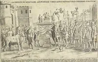 An illustration from Splendore dell'antica e moderna Roma : nel qvale si rappresentano tutti i principali tempii, teatri, anfiteatri, cerchi, naumachie, archi trionfali, obelischi, palagii, terme, curie, basiliche, fatti delli ré, consoli, dittatori, & imperadori romani : dignità ciuili, e militari, ordine de' trionfi, nomi di tutti i trionfanti, sacrificio militare; colonna Traiana, colonna Antonina, colonna milliaria, colonna rostrata, & colonna bellica; con li più segnalati giardini de gli antichi, e moderni Romani & altre cose notabili, con fatti, & imprese di quelli, da'quali sono stati eretti, e dedicati. : et in questa vltima impressione abbellito di molti disegni antichi, e moderni; & aggiuntoui le descrittioni delle figure cauate dall'antichi medaglie de gl'imperadori, in quatto linguagi latino, italiano, tedesco, e francese, per vtilità commune (1641)