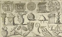 An illustration from Splendore dell'antica e moderna Roma : nel qvale si rappresentano tutti i principali tempii, teatri, anfiteatri, cerchi, naumachie, archi trionfali, obelischi, palagii, terme, curie, basiliche, fatti delli ré, consoli, dittatori, & imperadori romani : dignità ciuili, e militari, ordine de' trionfi, nomi di tutti i trionfanti, sacrificio militare; colonna Traiana, colonna Antonina, colonna milliaria, colonna rostrata, & colonna bellica; con li più segnalati giardini de gli antichi, e moderni Romani & altre cose notabili, con fatti, & imprese di quelli, da'quali sono stati eretti, e dedicati. : et in questa vltima impressione abbellito di molti disegni antichi, e moderni; & aggiuntoui le descrittioni delle figure cauate dall'antichi medaglie de gl'imperadori, in quatto linguagi latino, italiano, tedesco, e francese, per vtilità commune (1641)