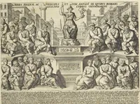 An illustration from Splendore dell'antica e moderna Roma : nel qvale si rappresentano tutti i principali tempii, teatri, anfiteatri, cerchi, naumachie, archi trionfali, obelischi, palagii, terme, curie, basiliche, fatti delli ré, consoli, dittatori, & imperadori romani : dignità ciuili, e militari, ordine de' trionfi, nomi di tutti i trionfanti, sacrificio militare; colonna Traiana, colonna Antonina, colonna milliaria, colonna rostrata, & colonna bellica; con li più segnalati giardini de gli antichi, e moderni Romani & altre cose notabili, con fatti, & imprese di quelli, da'quali sono stati eretti, e dedicati. : et in questa vltima impressione abbellito di molti disegni antichi, e moderni; & aggiuntoui le descrittioni delle figure cauate dall'antichi medaglie de gl'imperadori, in quatto linguagi latino, italiano, tedesco, e francese, per vtilità commune (1641)