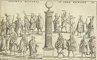 Picture 25 of 168 from Splendore dell'antica e moderna Roma : nel qvale si rappresentano tutti i principali tempii, teatri, anfiteatri, cerchi, naumachie, archi trionfali, obelischi, palagii, terme, curie, basiliche, fatti delli ré, consoli, dittatori, & imperadori romani : dignità ciuili, e militari, ordine de' trionfi, nomi di tutti i trionfanti, sacrificio militare; colonna Traiana, colonna Antonina, colonna milliaria, colonna rostrata, & colonna bellica; con li più segnalati giardini de gli antichi, e moderni Romani & altre cose notabili, con fatti, & imprese di quelli, da'quali sono stati eretti, e dedicati. : et in questa vltima impressione abbellito di molti disegni antichi, e moderni; & aggiuntoui le descrittioni delle figure cauate dall'antichi medaglie de gl'imperadori, in quatto linguagi latino, italiano, tedesco, e francese, per vtilità commune (1641), leaf 66