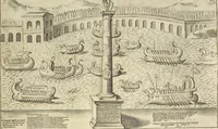 Picture 26 of 168 from Splendore dell'antica e moderna Roma : nel qvale si rappresentano tutti i principali tempii, teatri, anfiteatri, cerchi, naumachie, archi trionfali, obelischi, palagii, terme, curie, basiliche, fatti delli ré, consoli, dittatori, & imperadori romani : dignità ciuili, e militari, ordine de' trionfi, nomi di tutti i trionfanti, sacrificio militare; colonna Traiana, colonna Antonina, colonna milliaria, colonna rostrata, & colonna bellica; con li più segnalati giardini de gli antichi, e moderni Romani & altre cose notabili, con fatti, & imprese di quelli, da'quali sono stati eretti, e dedicati. : et in questa vltima impressione abbellito di molti disegni antichi, e moderni; & aggiuntoui le descrittioni delle figure cauate dall'antichi medaglie de gl'imperadori, in quatto linguagi latino, italiano, tedesco, e francese, per vtilità commune (1641), leaf 68