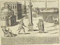 An illustration from Splendore dell'antica e moderna Roma : nel qvale si rappresentano tutti i principali tempii, teatri, anfiteatri, cerchi, naumachie, archi trionfali, obelischi, palagii, terme, curie, basiliche, fatti delli ré, consoli, dittatori, & imperadori romani : dignità ciuili, e militari, ordine de' trionfi, nomi di tutti i trionfanti, sacrificio militare; colonna Traiana, colonna Antonina, colonna milliaria, colonna rostrata, & colonna bellica; con li più segnalati giardini de gli antichi, e moderni Romani & altre cose notabili, con fatti, & imprese di quelli, da'quali sono stati eretti, e dedicati. : et in questa vltima impressione abbellito di molti disegni antichi, e moderni; & aggiuntoui le descrittioni delle figure cauate dall'antichi medaglie de gl'imperadori, in quatto linguagi latino, italiano, tedesco, e francese, per vtilità commune (1641)