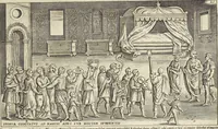 Picture 29 of 168 from Splendore dell'antica e moderna Roma : nel qvale si rappresentano tutti i principali tempii, teatri, anfiteatri, cerchi, naumachie, archi trionfali, obelischi, palagii, terme, curie, basiliche, fatti delli ré, consoli, dittatori, & imperadori romani : dignità ciuili, e militari, ordine de' trionfi, nomi di tutti i trionfanti, sacrificio militare; colonna Traiana, colonna Antonina, colonna milliaria, colonna rostrata, & colonna bellica; con li più segnalati giardini de gli antichi, e moderni Romani & altre cose notabili, con fatti, & imprese di quelli, da'quali sono stati eretti, e dedicati. : et in questa vltima impressione abbellito di molti disegni antichi, e moderni; & aggiuntoui le descrittioni delle figure cauate dall'antichi medaglie de gl'imperadori, in quatto linguagi latino, italiano, tedesco, e francese, per vtilità commune (1641), leaf 76