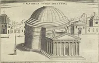 An illustration from Splendore dell'antica e moderna Roma : nel qvale si rappresentano tutti i principali tempii, teatri, anfiteatri, cerchi, naumachie, archi trionfali, obelischi, palagii, terme, curie, basiliche, fatti delli ré, consoli, dittatori, & imperadori romani : dignità ciuili, e militari, ordine de' trionfi, nomi di tutti i trionfanti, sacrificio militare; colonna Traiana, colonna Antonina, colonna milliaria, colonna rostrata, & colonna bellica; con li più segnalati giardini de gli antichi, e moderni Romani & altre cose notabili, con fatti, & imprese di quelli, da'quali sono stati eretti, e dedicati. : et in questa vltima impressione abbellito di molti disegni antichi, e moderni; & aggiuntoui le descrittioni delle figure cauate dall'antichi medaglie de gl'imperadori, in quatto linguagi latino, italiano, tedesco, e francese, per vtilità commune (1641)