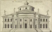 An illustration from Splendore dell'antica e moderna Roma : nel qvale si rappresentano tutti i principali tempii, teatri, anfiteatri, cerchi, naumachie, archi trionfali, obelischi, palagii, terme, curie, basiliche, fatti delli ré, consoli, dittatori, & imperadori romani : dignità ciuili, e militari, ordine de' trionfi, nomi di tutti i trionfanti, sacrificio militare; colonna Traiana, colonna Antonina, colonna milliaria, colonna rostrata, & colonna bellica; con li più segnalati giardini de gli antichi, e moderni Romani & altre cose notabili, con fatti, & imprese di quelli, da'quali sono stati eretti, e dedicati. : et in questa vltima impressione abbellito di molti disegni antichi, e moderni; & aggiuntoui le descrittioni delle figure cauate dall'antichi medaglie de gl'imperadori, in quatto linguagi latino, italiano, tedesco, e francese, per vtilità commune (1641)
