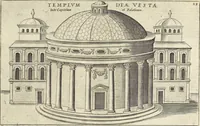 An illustration from Splendore dell'antica e moderna Roma : nel qvale si rappresentano tutti i principali tempii, teatri, anfiteatri, cerchi, naumachie, archi trionfali, obelischi, palagii, terme, curie, basiliche, fatti delli ré, consoli, dittatori, & imperadori romani : dignità ciuili, e militari, ordine de' trionfi, nomi di tutti i trionfanti, sacrificio militare; colonna Traiana, colonna Antonina, colonna milliaria, colonna rostrata, & colonna bellica; con li più segnalati giardini de gli antichi, e moderni Romani & altre cose notabili, con fatti, & imprese di quelli, da'quali sono stati eretti, e dedicati. : et in questa vltima impressione abbellito di molti disegni antichi, e moderni; & aggiuntoui le descrittioni delle figure cauate dall'antichi medaglie de gl'imperadori, in quatto linguagi latino, italiano, tedesco, e francese, per vtilità commune (1641)